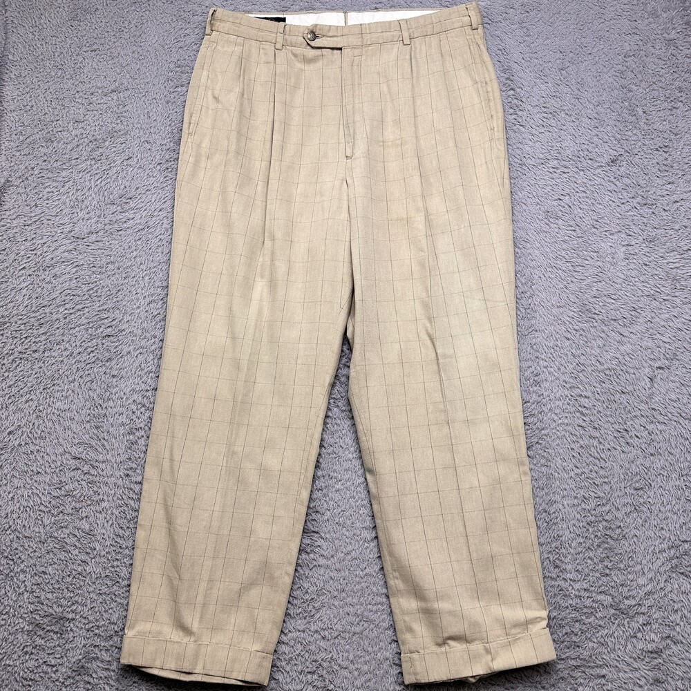 Vintage Brooks Brothers Trousers Mens 36 Tan Plaid Pleated 100% Cotton USA Made